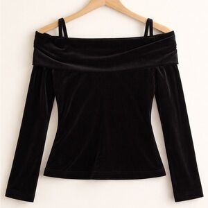 Off-Shoulder Velvet Vintage Long-Sleeve Top Black Small